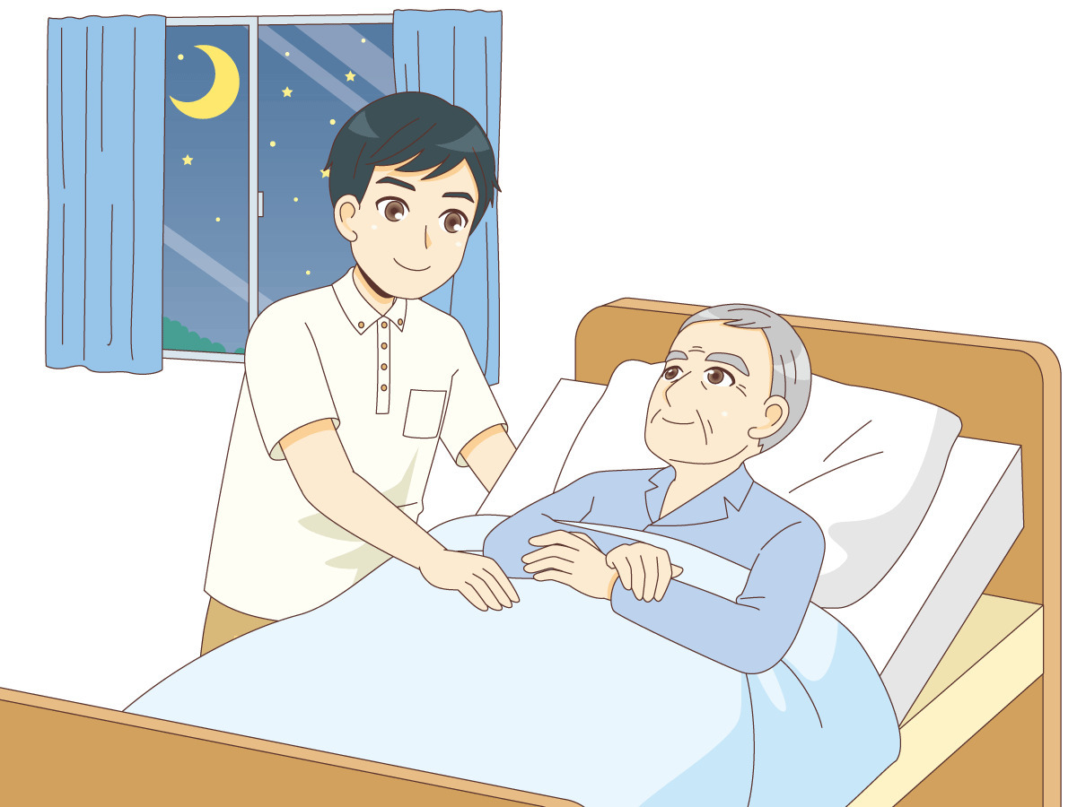 夜間の介護 男性介護職 男性高齢者 老人ホーム 介護施設 施設 サービス の無料イラスト 介護アンテナ