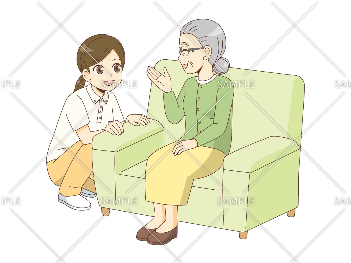 女性介護士と会話する女性高齢者（高齢者（おばあさん・おじいさん）/介護現場の人物）のイラスト