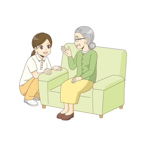 女性介護士と会話する女性高齢者（高齢者（おばあさん・おじいさん）/介護現場の人物）のイラスト