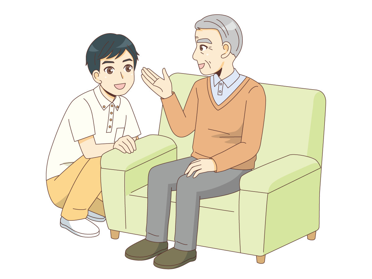 男性介護士と会話する男性高齢者 高齢者 おばあさん おじいさん 介護現場の人物 の無料イラスト 介護アンテナ