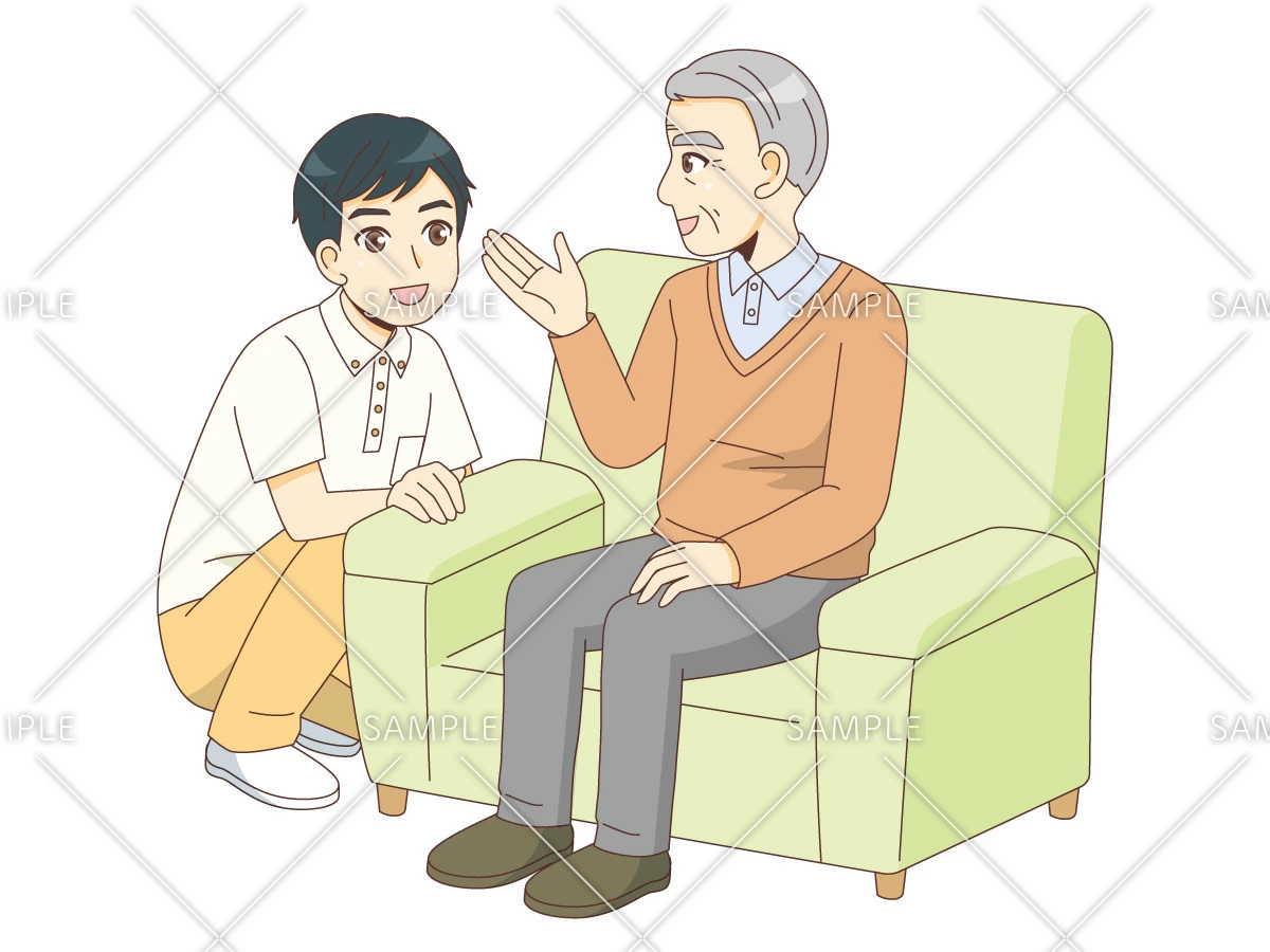 男性介護士と会話する男性高齢者（高齢者（おばあさん・おじいさん）/介護現場の人物）のイラスト