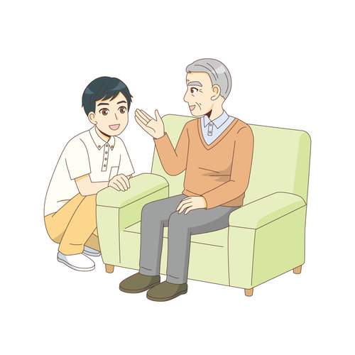 男性介護士と会話する男性高齢者（高齢者（おばあさん・おじいさん）/介護現場の人物）のイラスト