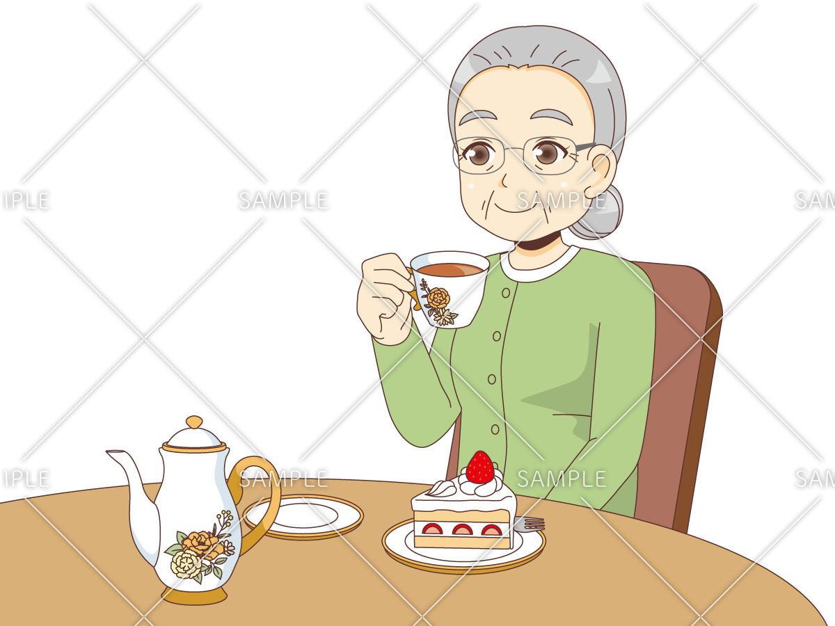 お茶を飲む女性高齢者（食事・食事介助/介護・生活）のイラスト