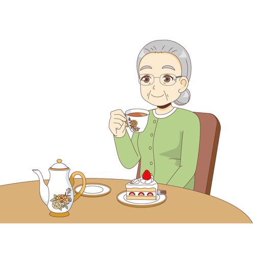 お茶を飲む女性高齢者（食事・食事介助/介護・生活）
