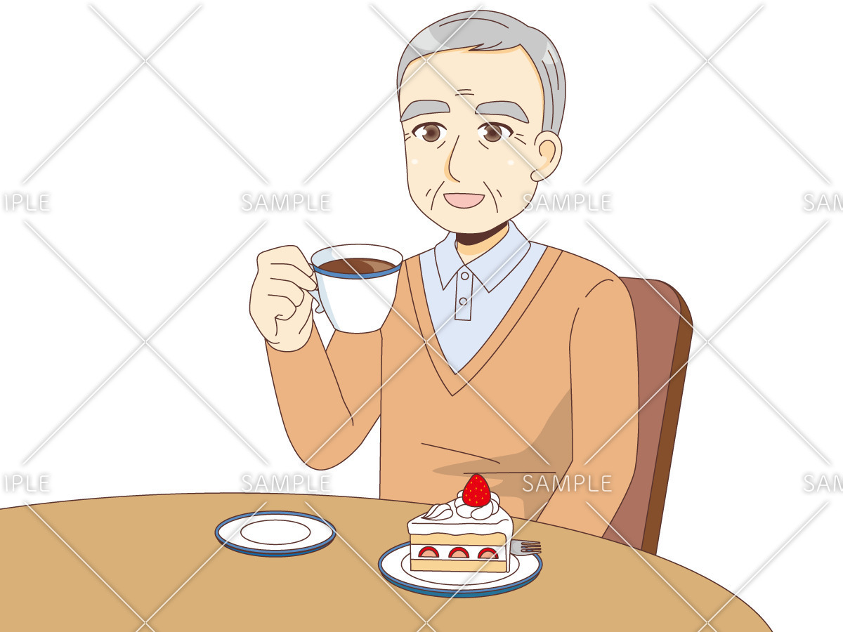 お茶を飲む男性高齢者（食事・食事介助/介護・生活）のイラスト