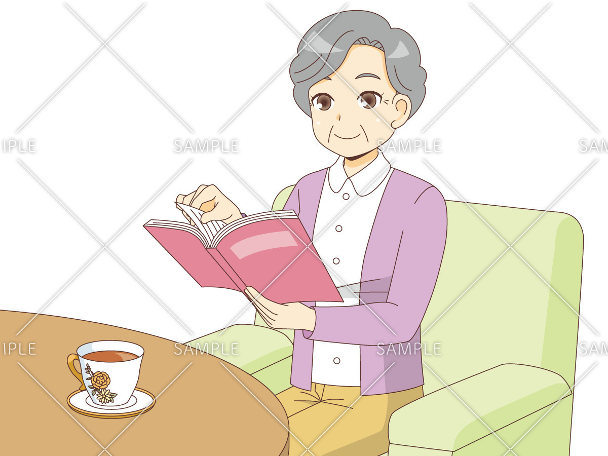 読書を楽しむ女性高齢者（高齢者（おばあさん・おじいさん）/介護現場の人物）のイラスト