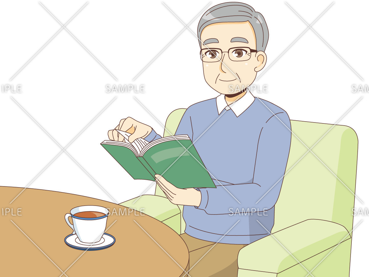読書を楽しむ男性高齢者（高齢者（おばあさん・おじいさん）/介護現場の人物）のイラスト