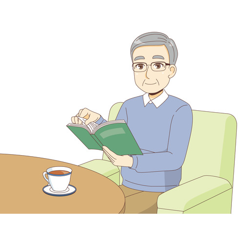 読書を楽しむ男性高齢者（高齢者（おばあさん・おじいさん）/介護現場の人物）のイラスト