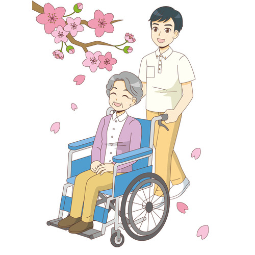 桜並木をお散歩する女性高齢者（レクリエーション・イベント/介護・生活）のイラスト