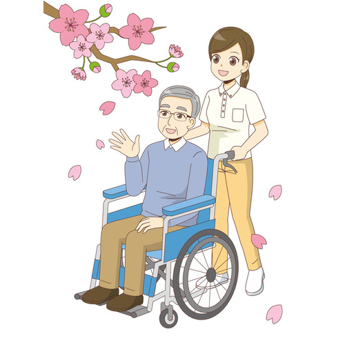 桜並木をお散歩する男性高齢者（レクリエーション・イベント/介護・生活）のイラスト