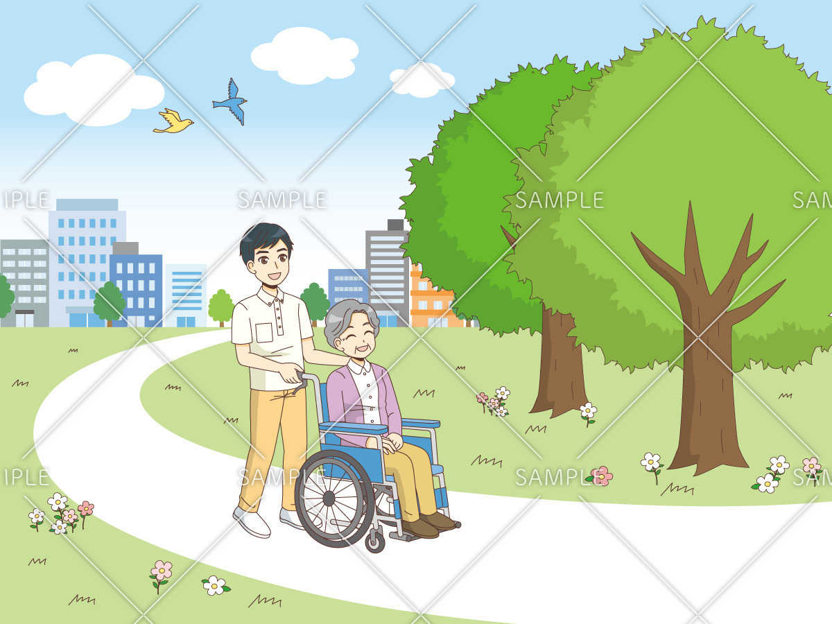 公園をお散歩する女性高齢者（レクリエーション・イベント/介護・生活）のイラスト