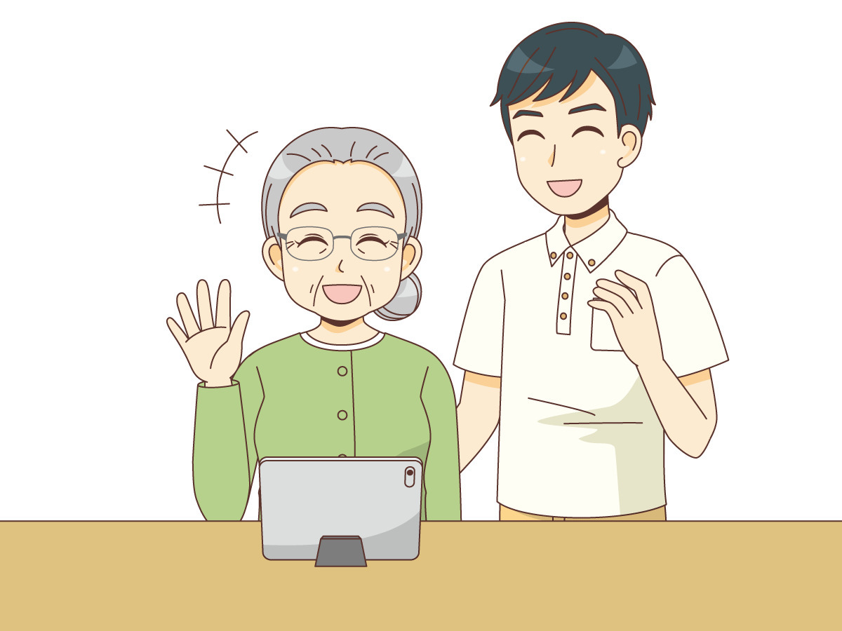 ご家族とのオンライン面会 面会 家族団らん 介護 生活 の無料イラスト 介護アンテナ