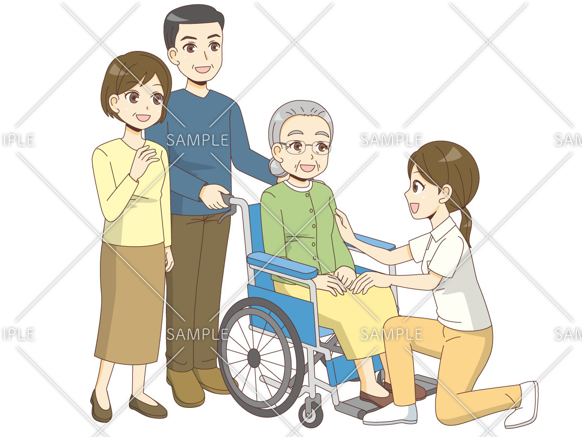 女性高齢者とご家族の面会（面会・家族団らん/介護・生活）のイラスト