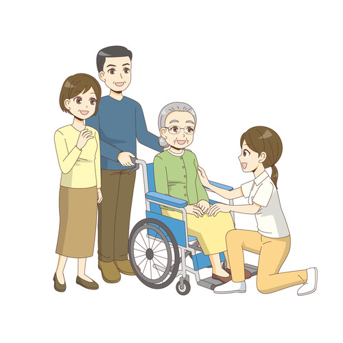 女性高齢者とご家族の面会（面会・家族団らん/介護・生活）のイラスト