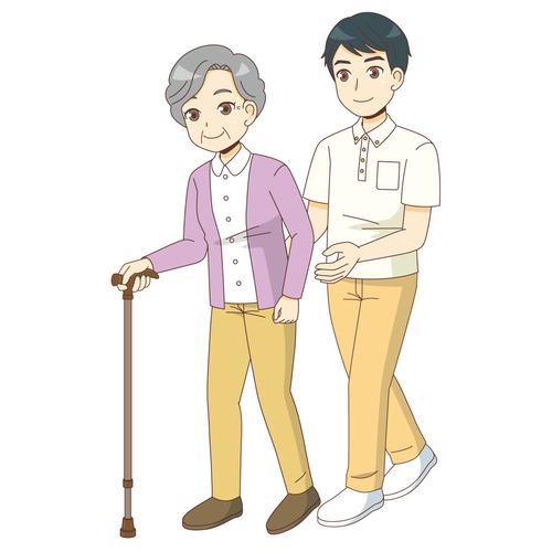 歩行介助を行う男性介護職員（歩行・入浴・排泄介助/介護・生活）のイラスト