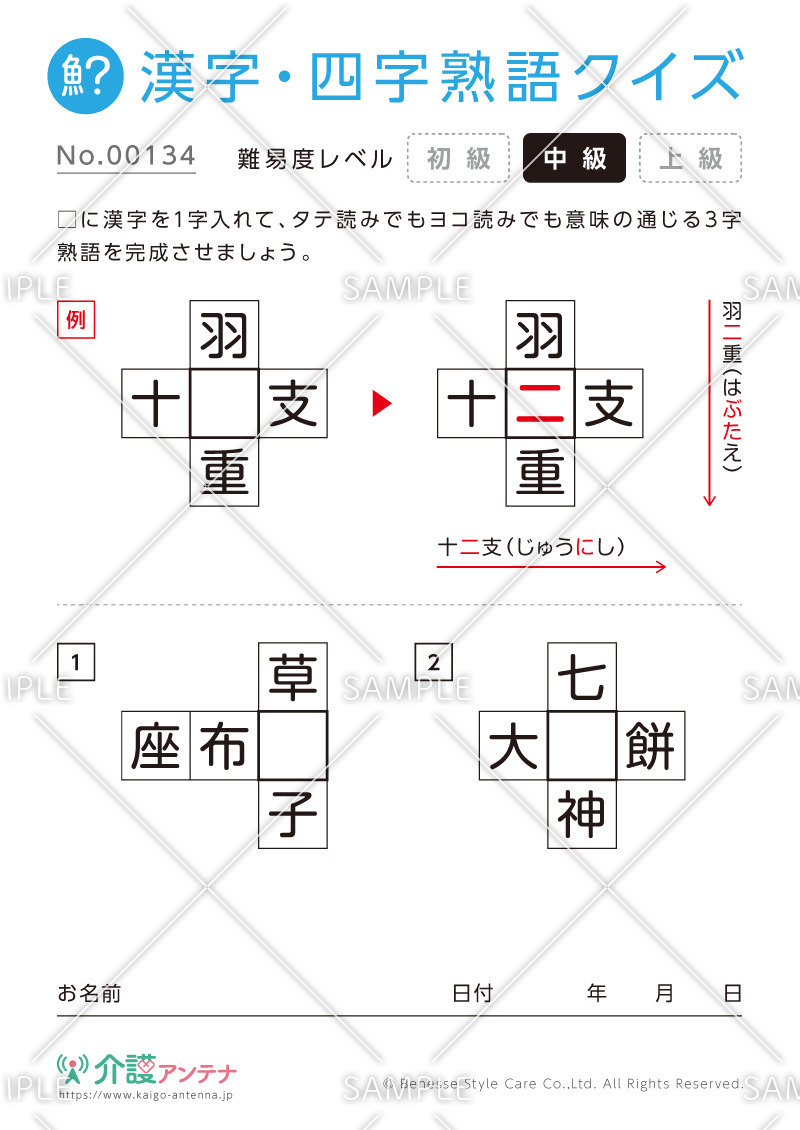 穴埋め共通漢字（三字）クイズ-No.00134(高齢者向け漢字・四字熟語クイズの介護レク素材)