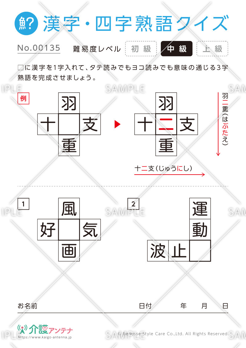 穴埋め共通漢字（三字）クイズ-No.00135(高齢者向け漢字・四字熟語クイズの介護レク素材)