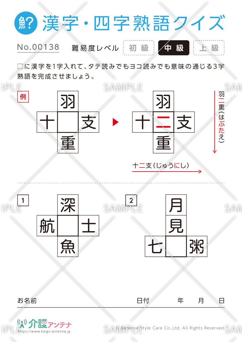 穴埋め共通漢字（三字）クイズ-No.00138(高齢者向け漢字・四字熟語クイズの介護レク素材)