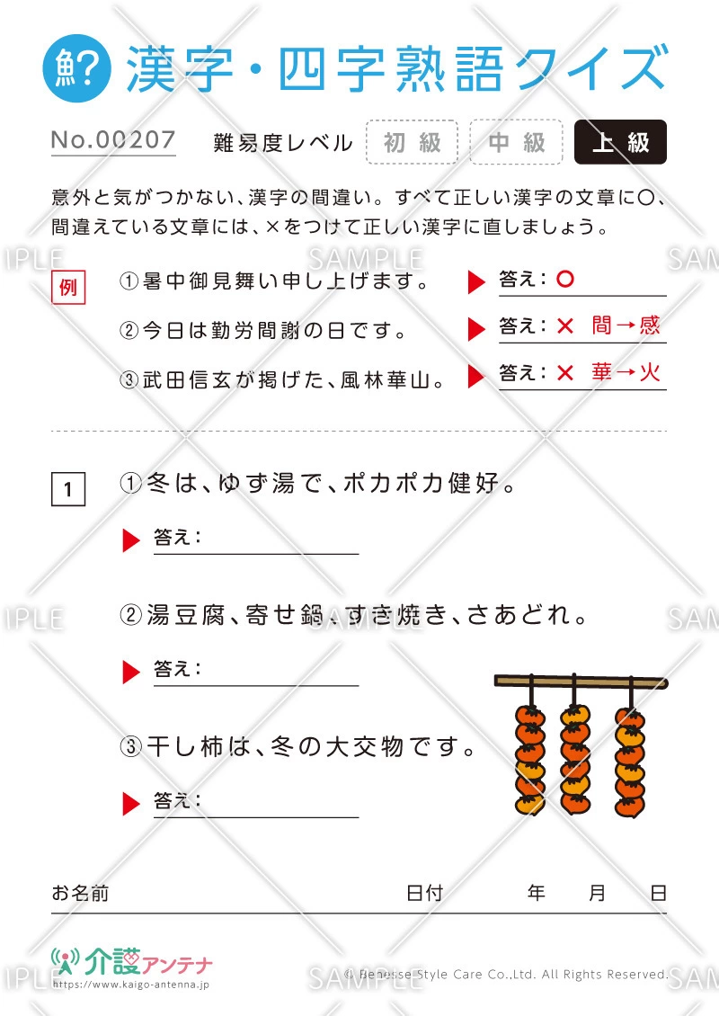 間違いを探す漢字・四字熟語クイズ-No.00207(高齢者向け漢字・四字熟語クイズの介護レク素材)