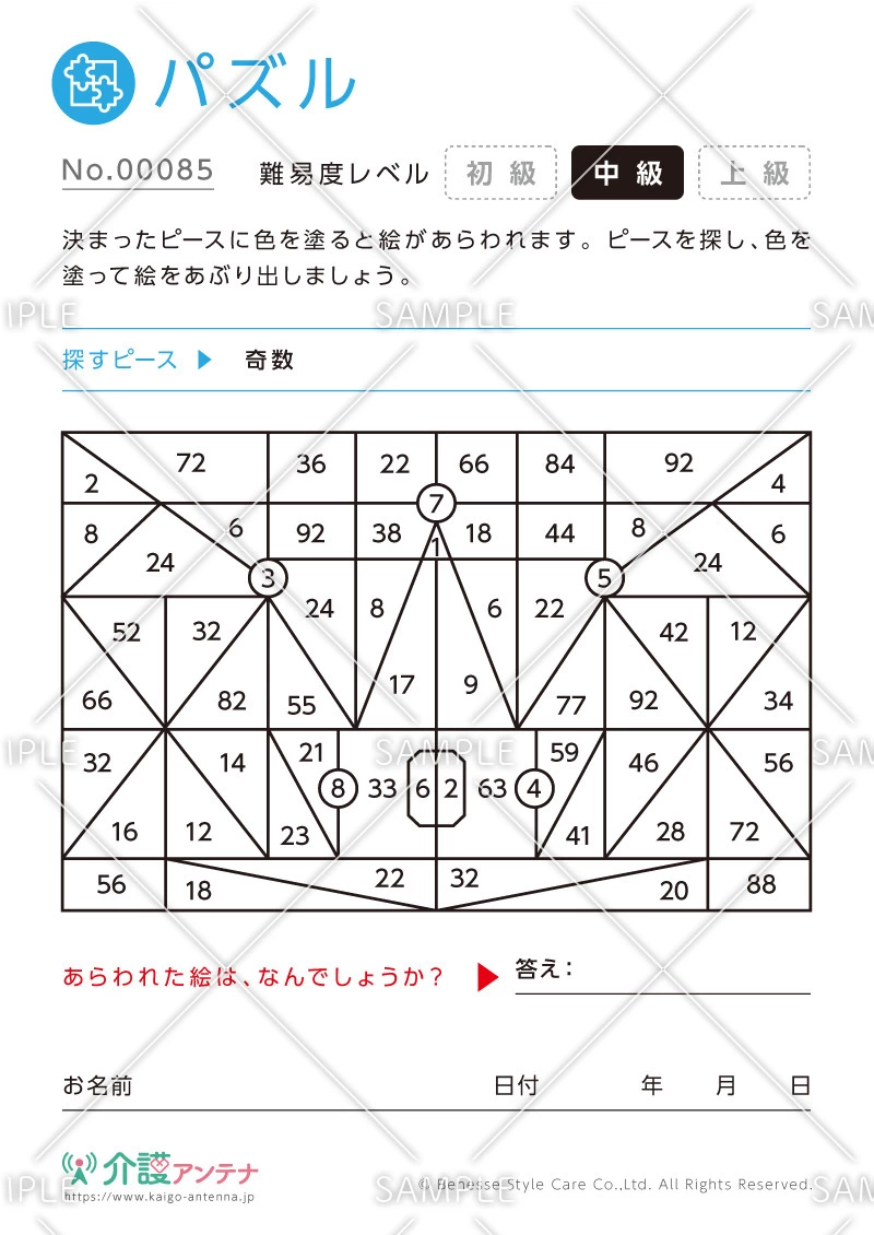 色を塗って絵を見つけるパズル -No.00085(高齢者向けパズルの介護レク素材)