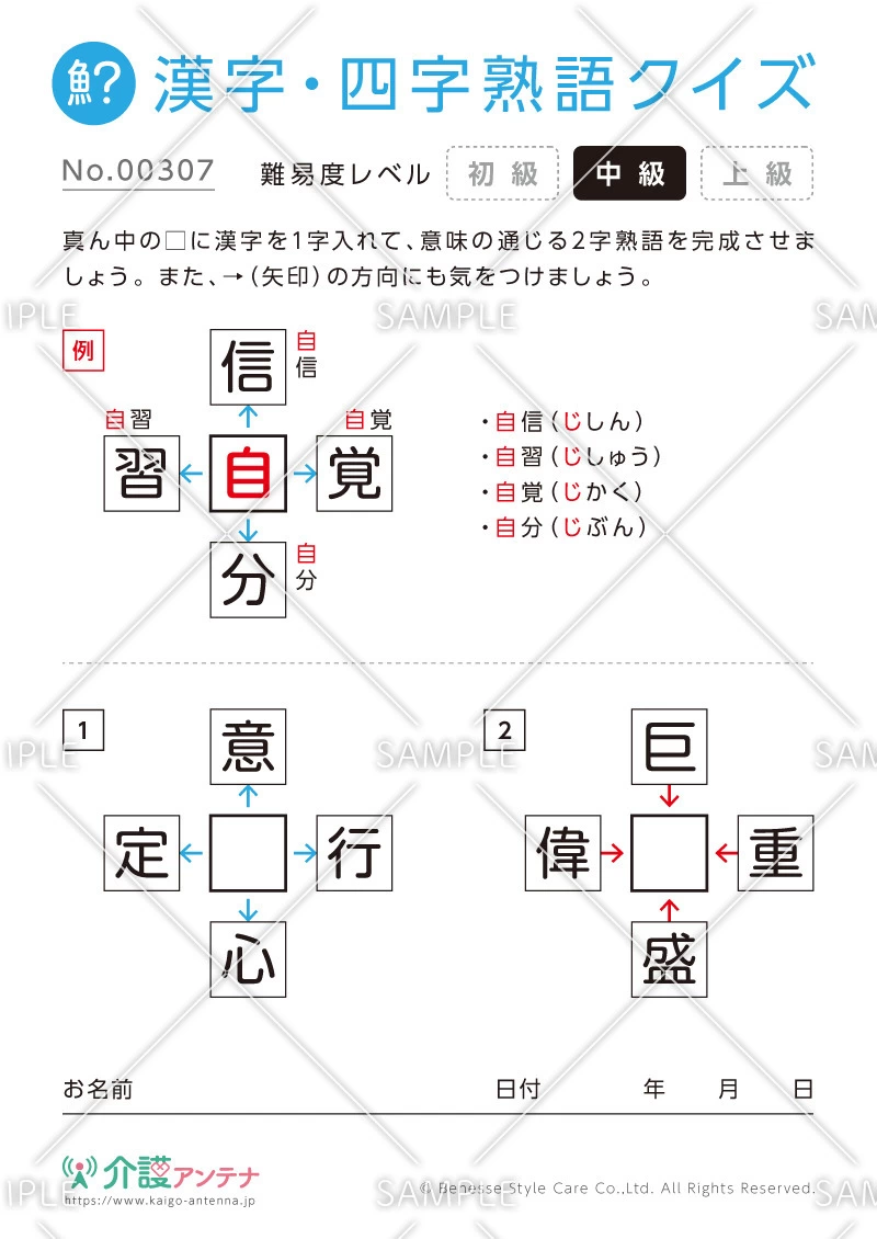 穴埋め共通漢字（二字）クイズ-No.00307(高齢者向け漢字・四字熟語クイズの介護レク素材)