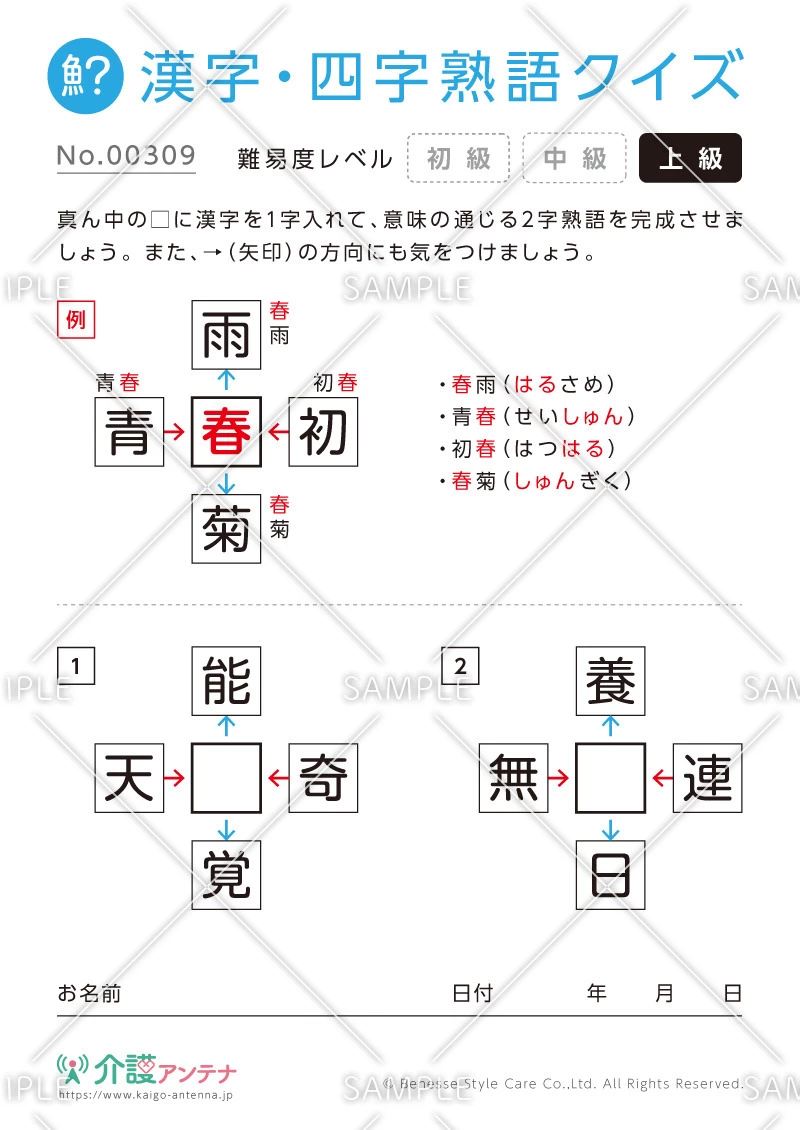 穴埋め共通漢字（二字）クイズ-No.00309(高齢者向け漢字・四字熟語クイズの介護レク素材)