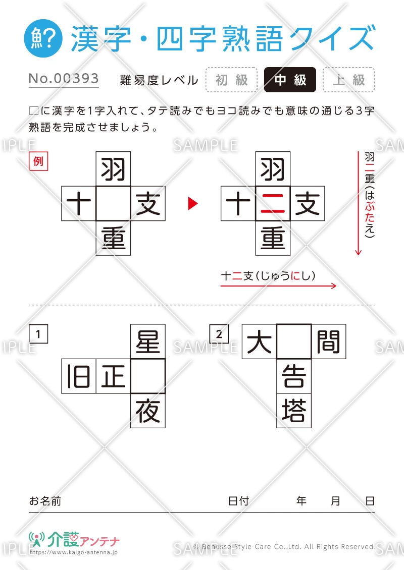 穴埋め共通漢字（三字）クイズ - No.00393(高齢者向け漢字・四字熟語クイズの介護レク素材)