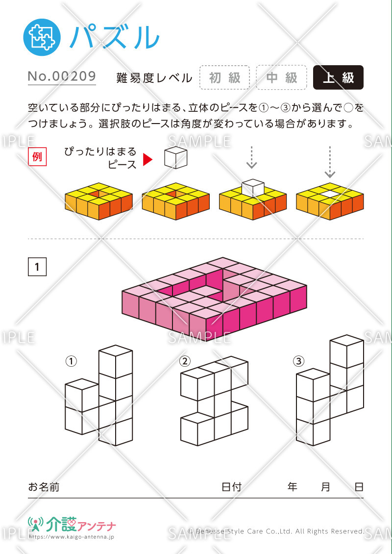 空間に立体ピースをはめるパズル - No.00209(高齢者向けパズルの介護レク素材)