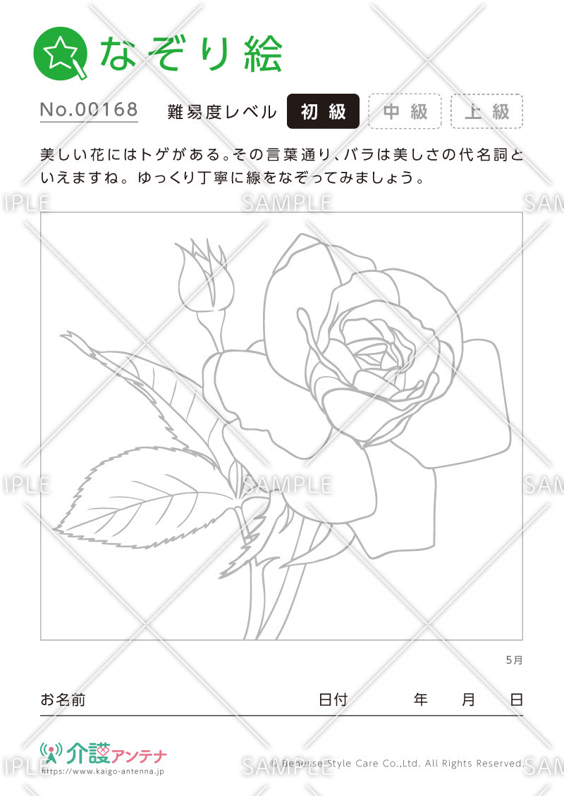 なぞり絵「5月の花 バラ」 - No.00168(高齢者向けなぞり絵の介護レク素材)