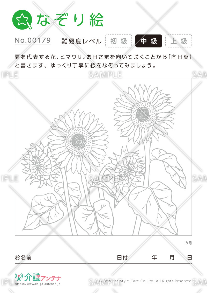 なぞり絵「8月の花 ヒマワリ」 - No.00179(高齢者向けなぞり絵の介護レク素材)