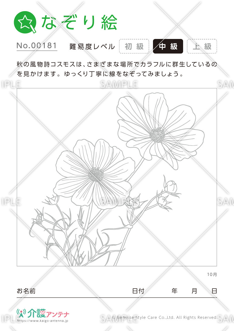 なぞり絵「10月の花 コスモス」 - No.00181(高齢者向けなぞり絵の介護レク素材)