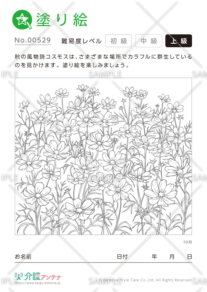 塗り絵「10月の花 コスモス」 - No.00529(高齢者向け塗り絵の介護レク素材)