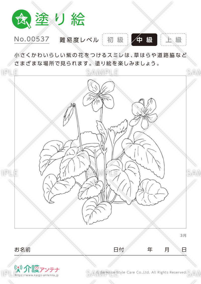 塗り絵「3月の花 スミレ」 - No.00537(高齢者向け塗り絵の介護レク素材)