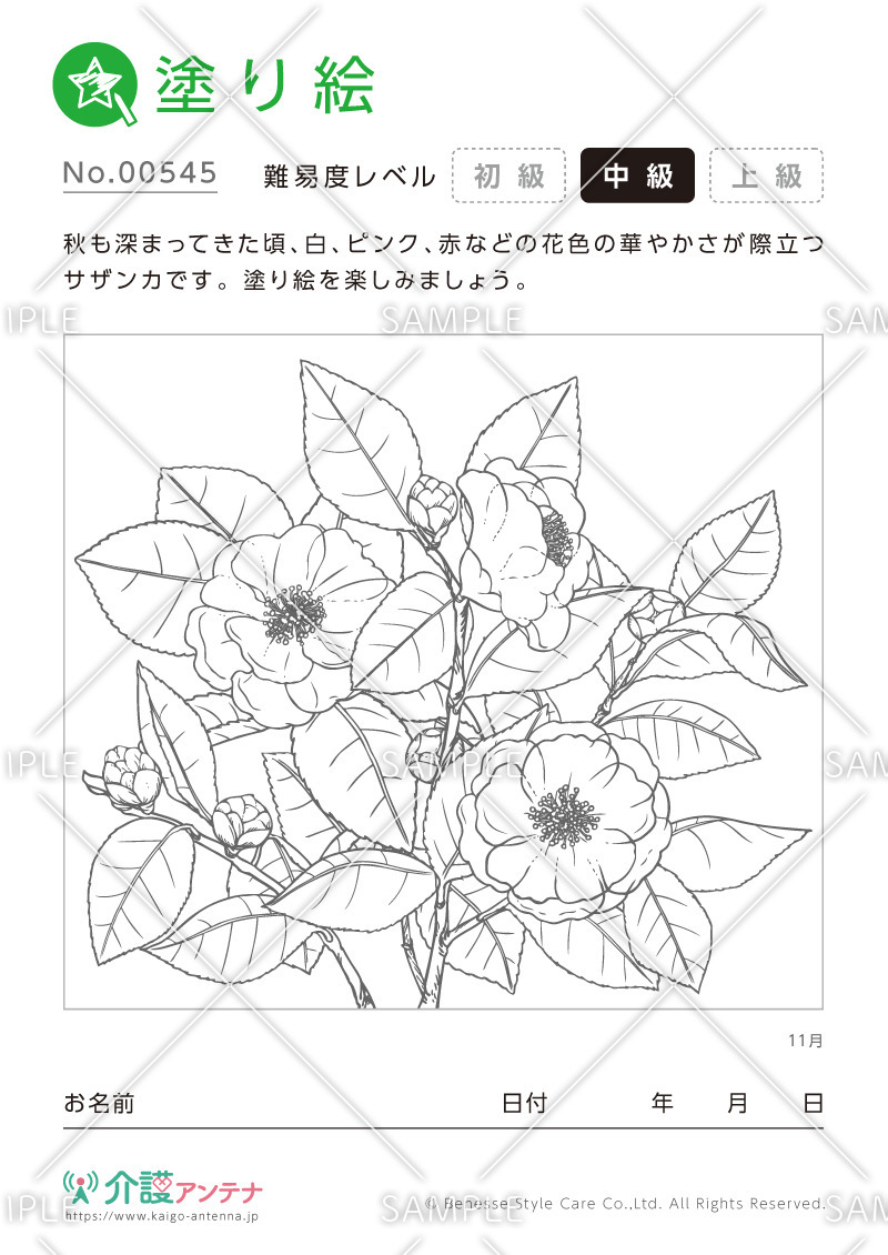 塗り絵「11月の花 サザンカ」 - No.00545(高齢者向け塗り絵の介護レク素材)