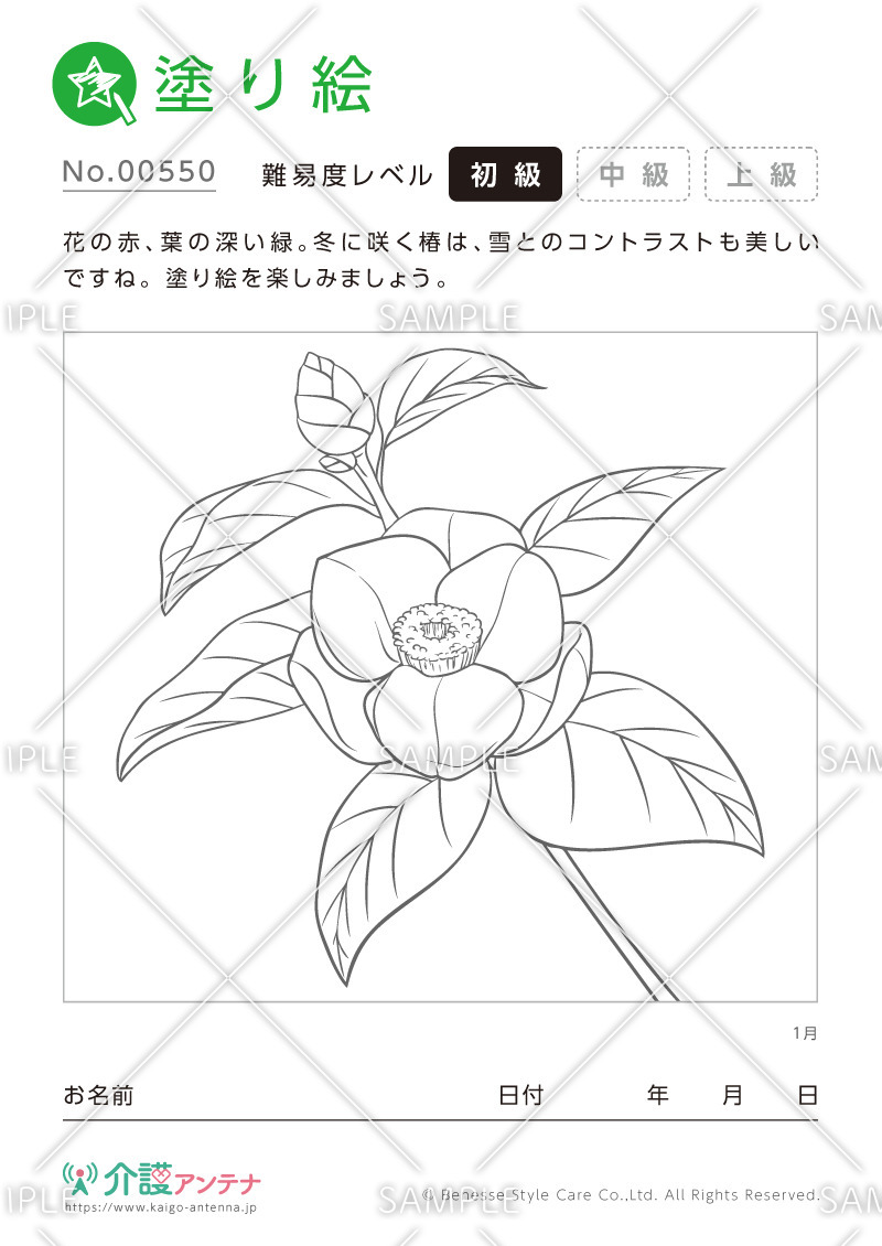 塗り絵「1月の花 椿」 - No.00550(高齢者向け塗り絵の介護レク素材)