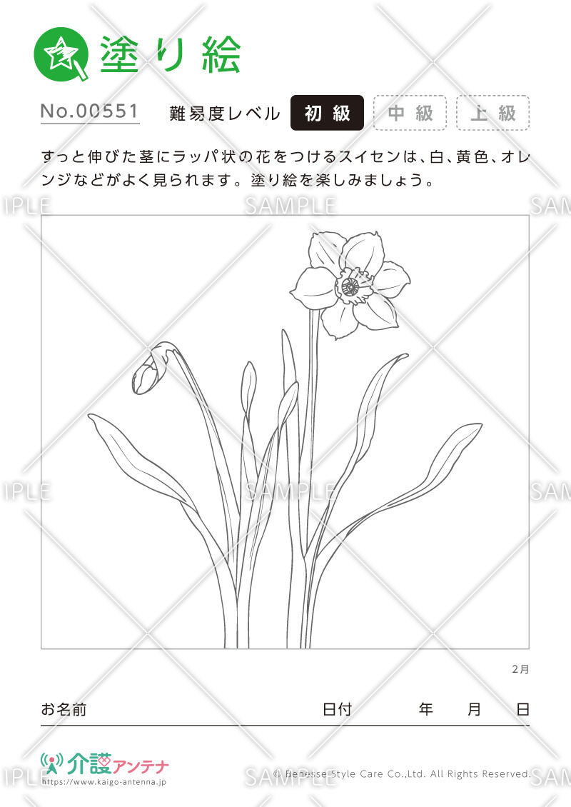 塗り絵「2月の花 スイセン」 - No.00551(高齢者向け塗り絵の介護レク素材)
