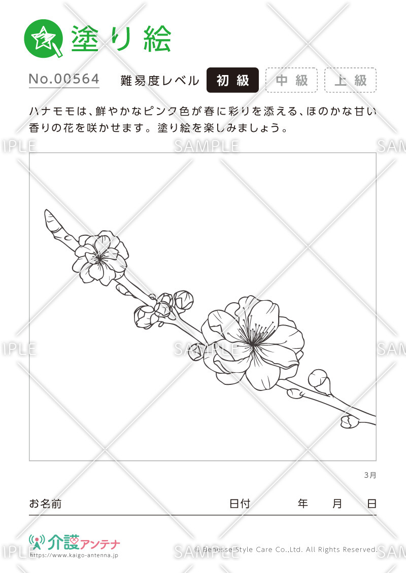 塗り絵「3月の花 ハナモモ」 - No.00564(高齢者向け塗り絵の介護レク素材)