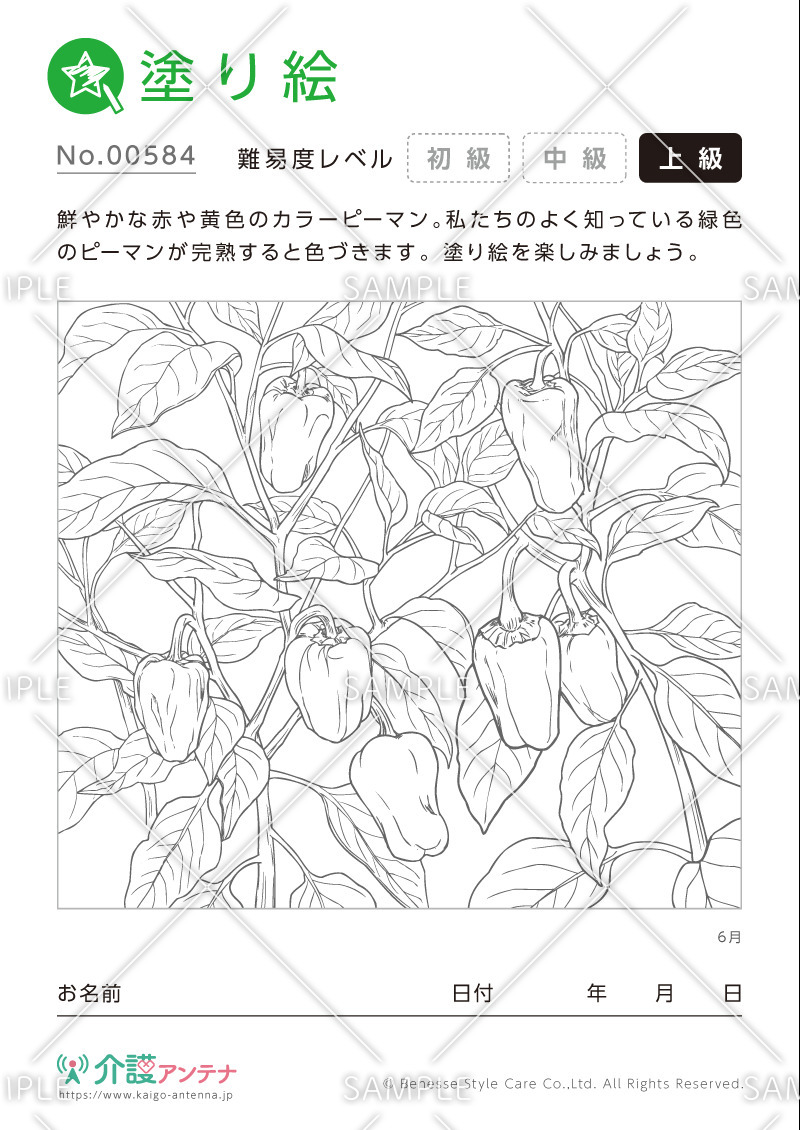 塗り絵「6月の植物 カラーピーマン」- No.00584(高齢者向け塗り絵の介護レク素材)