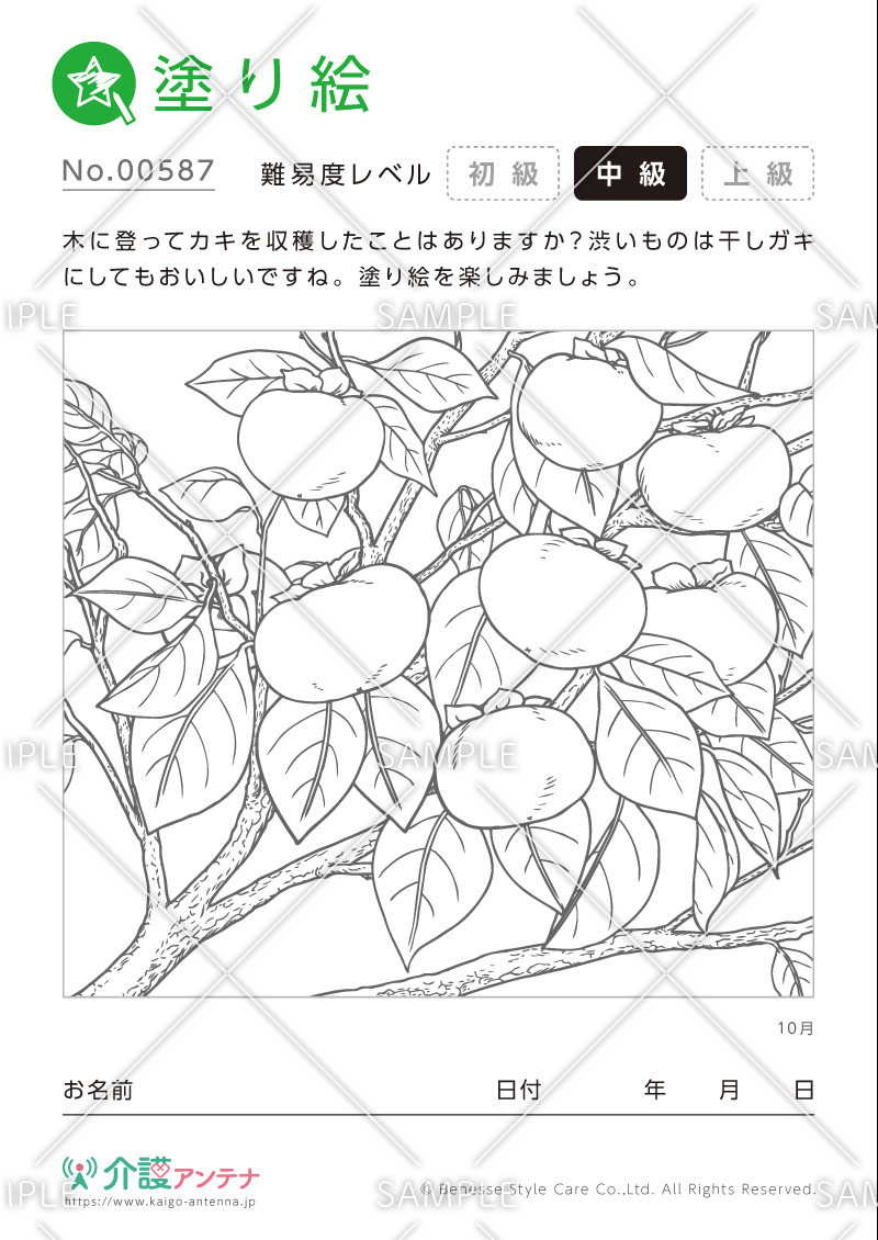 塗り絵「10月の植物 柿」- No.00587(高齢者向け塗り絵の介護レク素材)