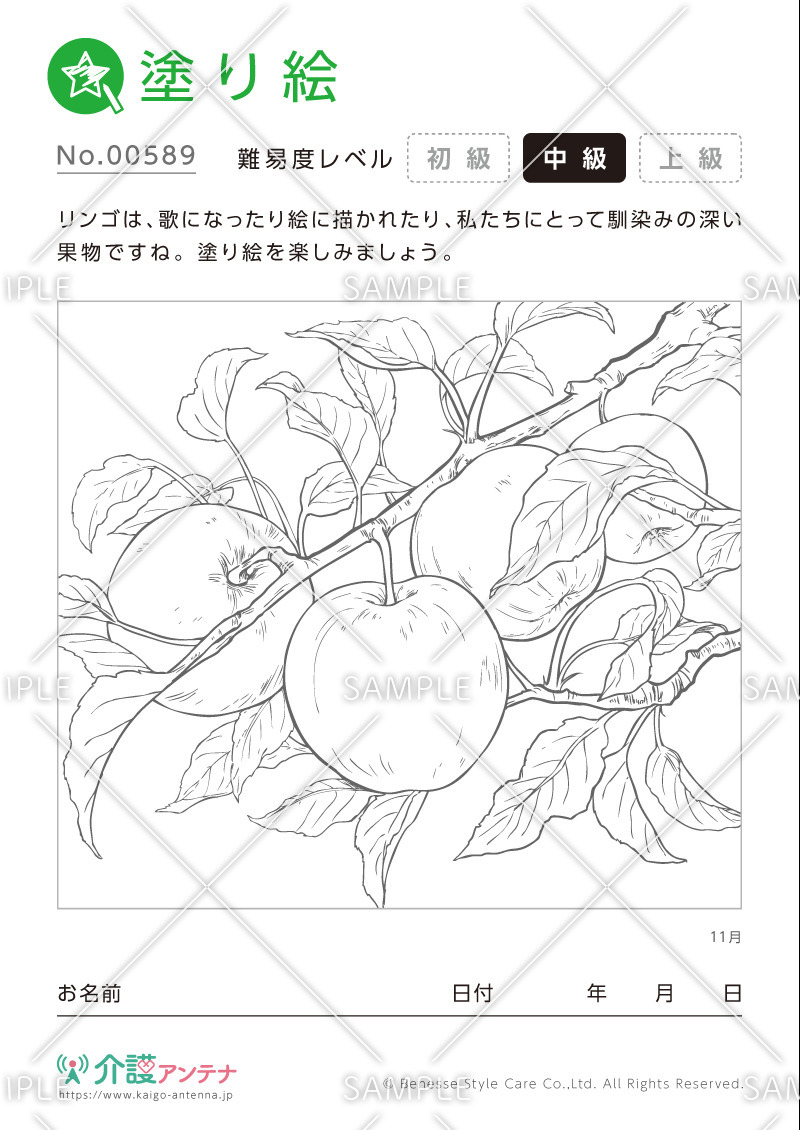 塗り絵「11月の植物 リンゴ」- No.00589(高齢者向け塗り絵の介護レク素材)