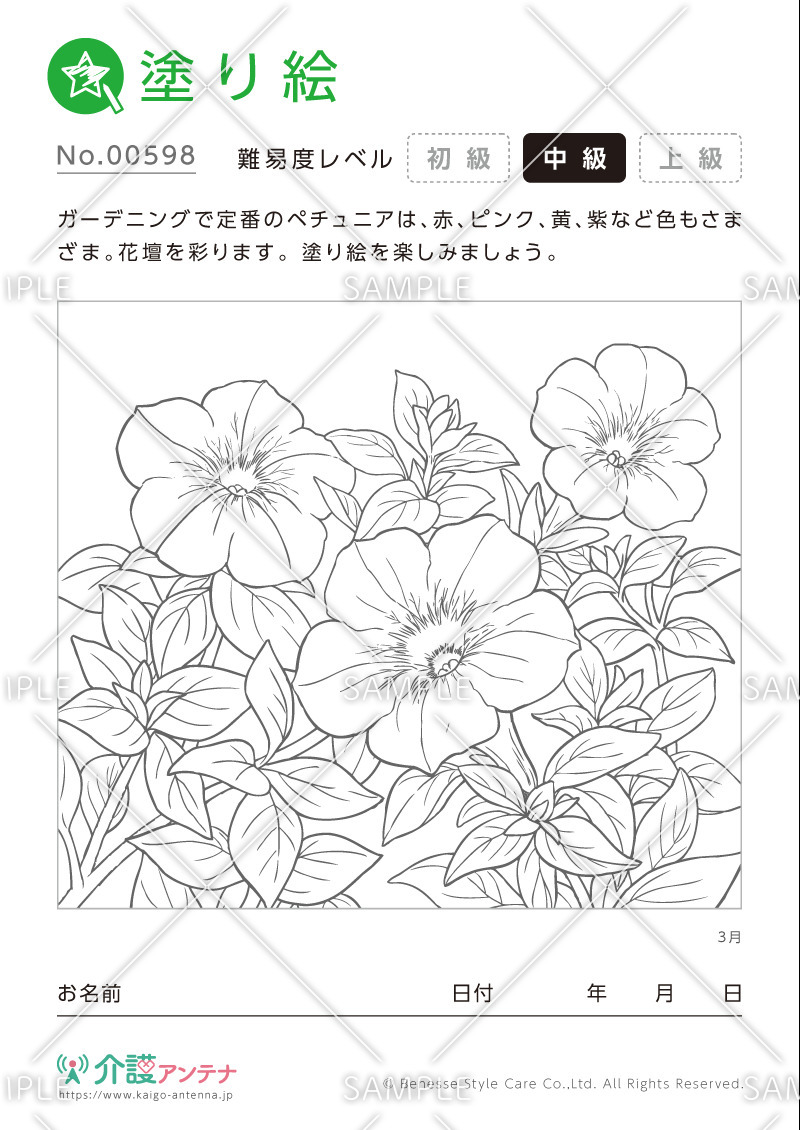 塗り絵「3月の花 ペチュニア」- No.00598(高齢者向け塗り絵の介護レク素材)