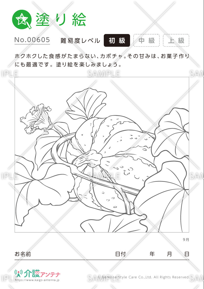 塗り絵「9月の植物 カボチャ」- No.00605(高齢者向け塗り絵の介護レク素材)