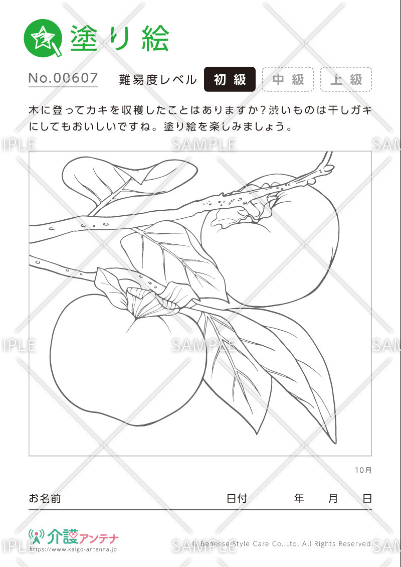 塗り絵「10月の植物 柿」- No.00607(高齢者向け塗り絵の介護レク素材)