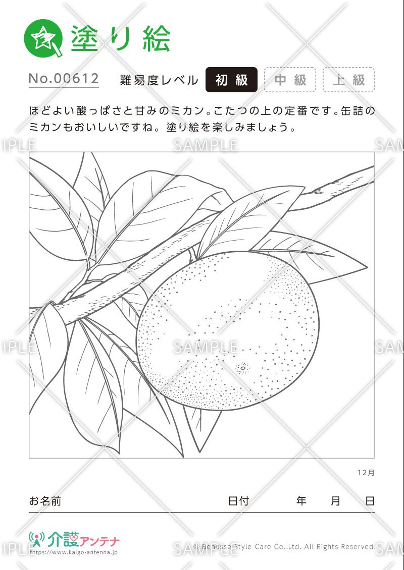 塗り絵「12月の植物 ミカン」- No.00612(高齢者向け塗り絵の介護レク素材)