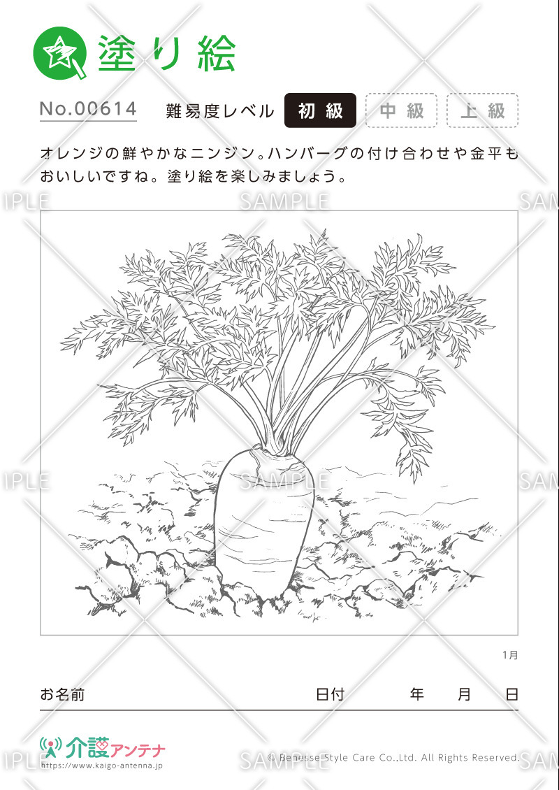 塗り絵「1月の植物 ニンジン」- No.00614(高齢者向け塗り絵の介護レク素材)