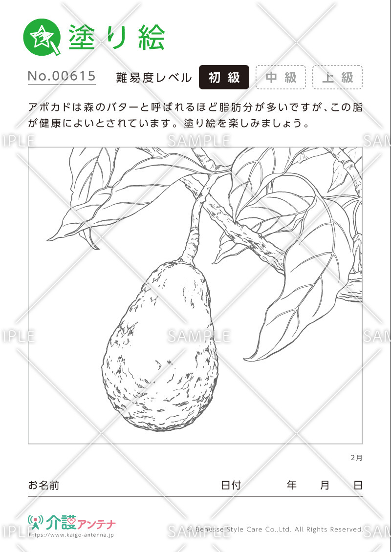 塗り絵「2月の植物 アボカド」- No.00615(高齢者向け塗り絵の介護レク素材)
