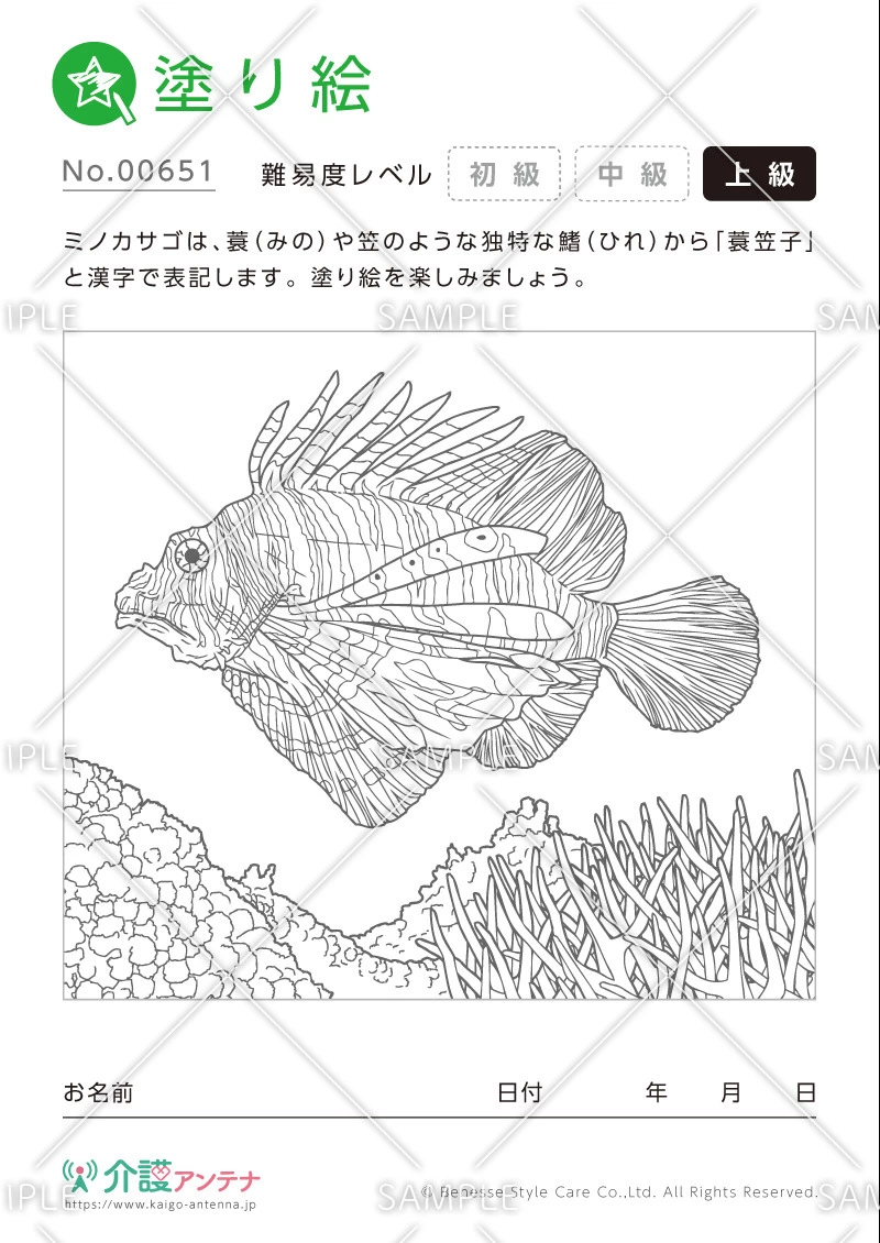塗り絵「ミノカサゴ」 - No.00651(高齢者向け塗り絵の介護レク素材)