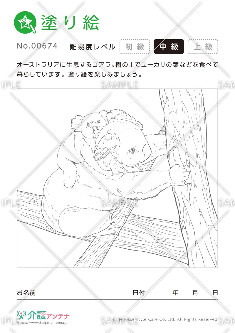 塗り絵「コアラ（動物）」 - No.00674(高齢者向け塗り絵の介護レク素材)