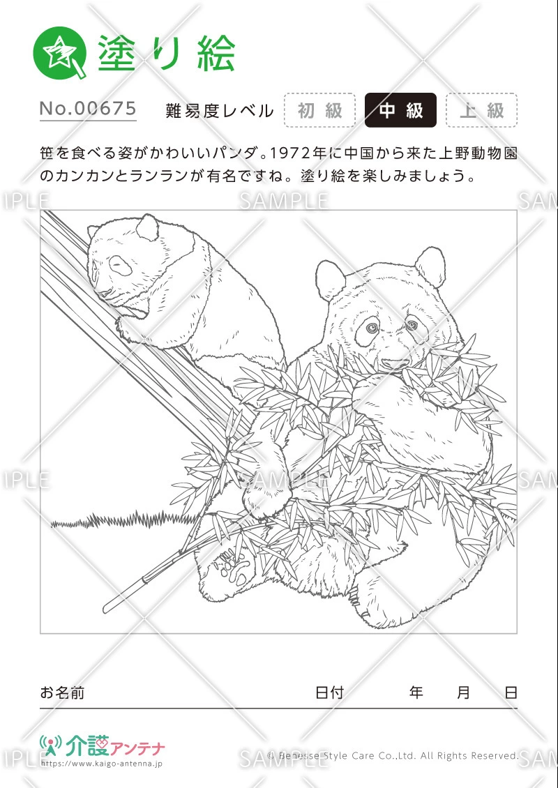 塗り絵「パンダ（動物）」 - No.00675(高齢者向け塗り絵の介護レク素材)