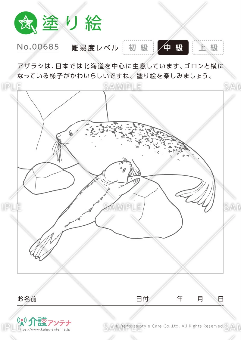 塗り絵「アザラシ（動物）」 - No.00685(高齢者向け塗り絵の介護レク素材)